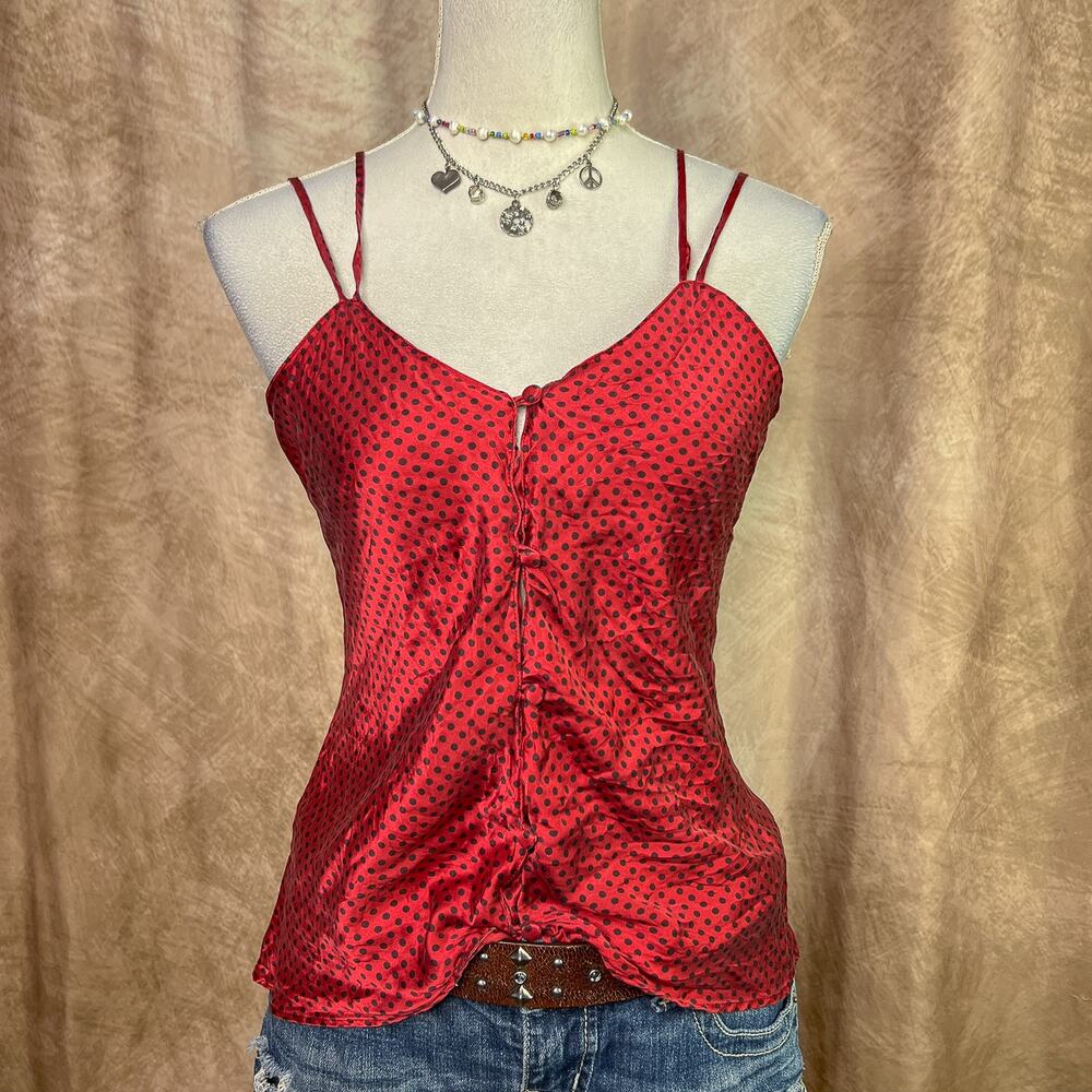Satin Cami Tank Top Red Polka Dot Button Up Silk Strappy Vintage 90s Romantic